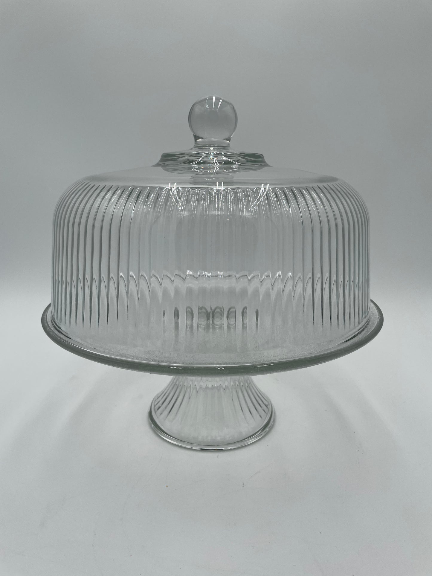 Vintage Anchor Hocking Monaco Ribbed Glass 11" Cake Stand w/ Dome