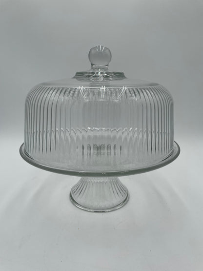 Vintage Anchor Hocking Monaco Ribbed Glass 11" Cake Stand w/ Dome
