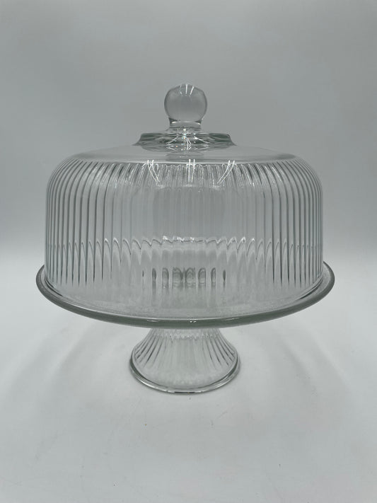 Vintage Anchor Hocking Monaco Ribbed Glass 11" Cake Stand w/ Dome