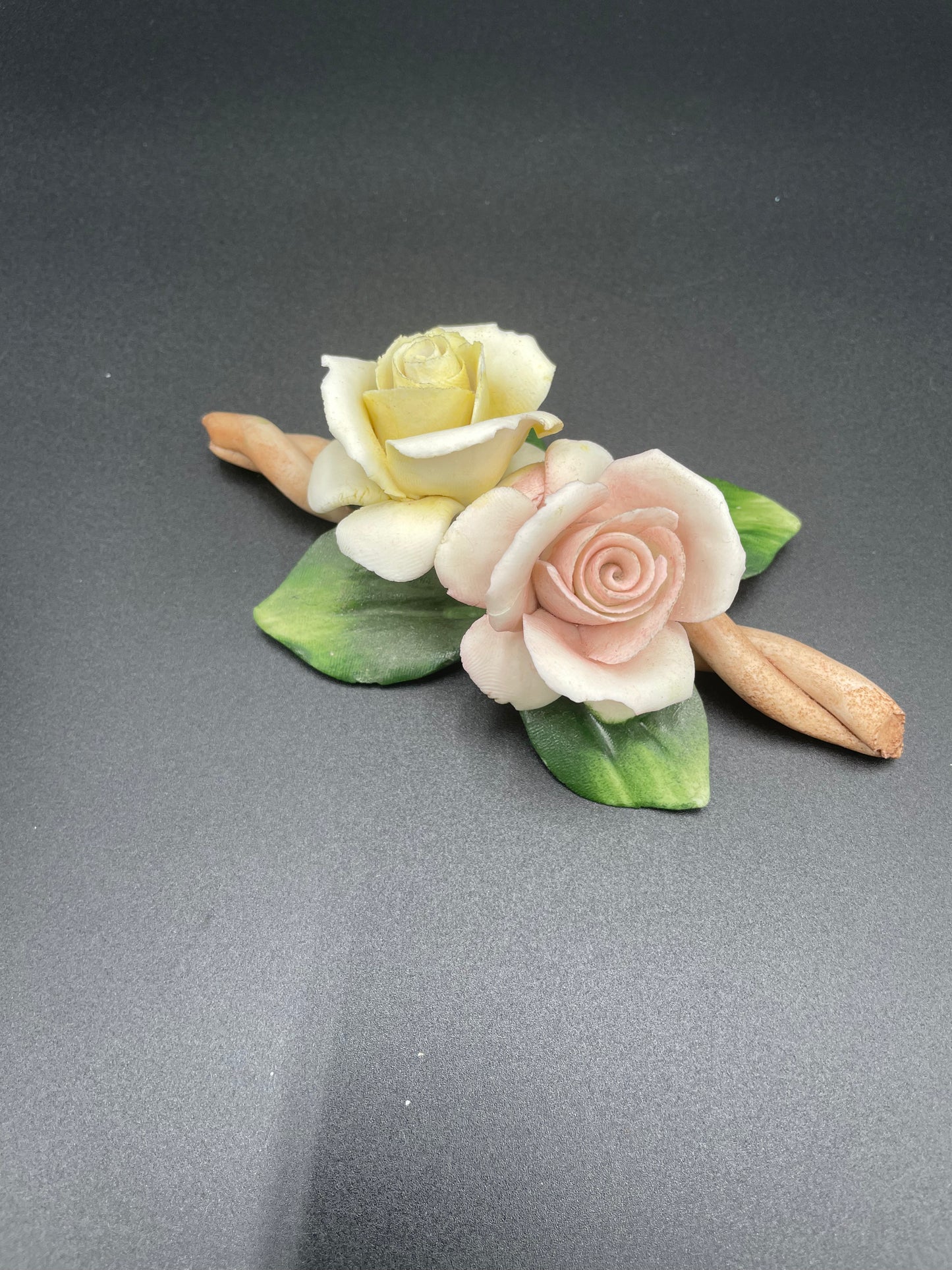 Vintage Fine Bisque
Porcelain Rose Sculpture w/ Two Buds on Branch