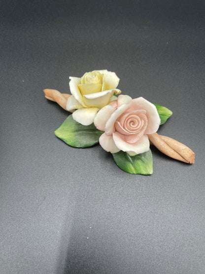 Vintage Fine Bisque
Porcelain Rose Sculpture w/ Two Buds on Branch