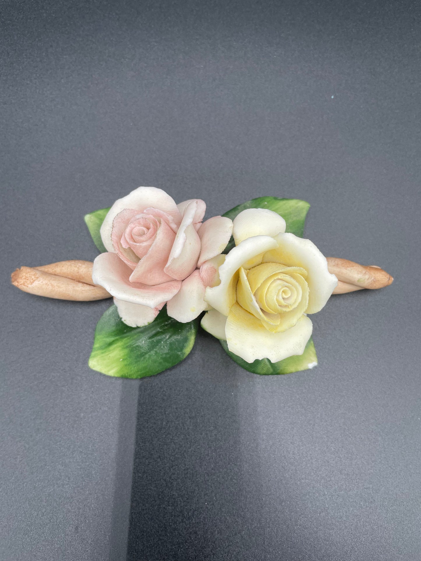 Vintage Fine Bisque
Porcelain Rose Sculpture w/ Two Buds on Branch