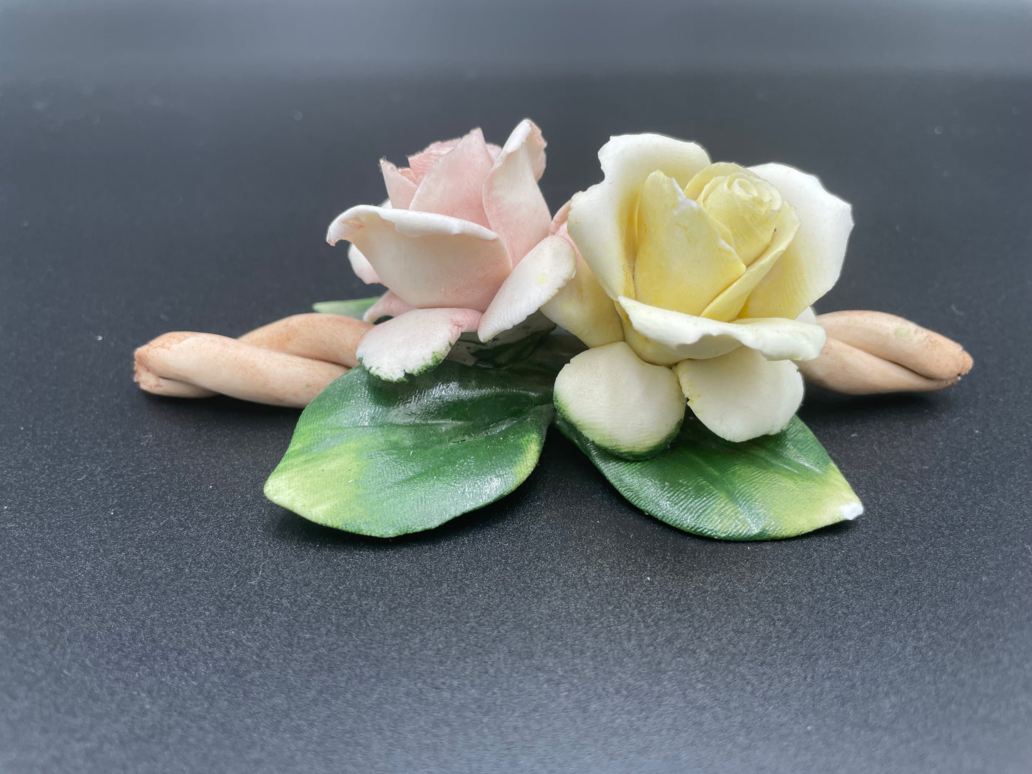 Vintage Fine Bisque
Porcelain Rose Sculpture w/ Two Buds on Branch