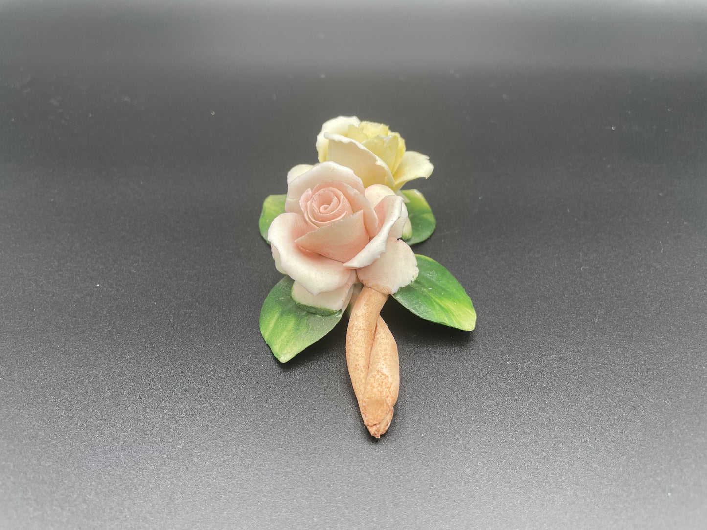 Vintage Fine Bisque
Porcelain Rose Sculpture w/ Two Buds on Branch