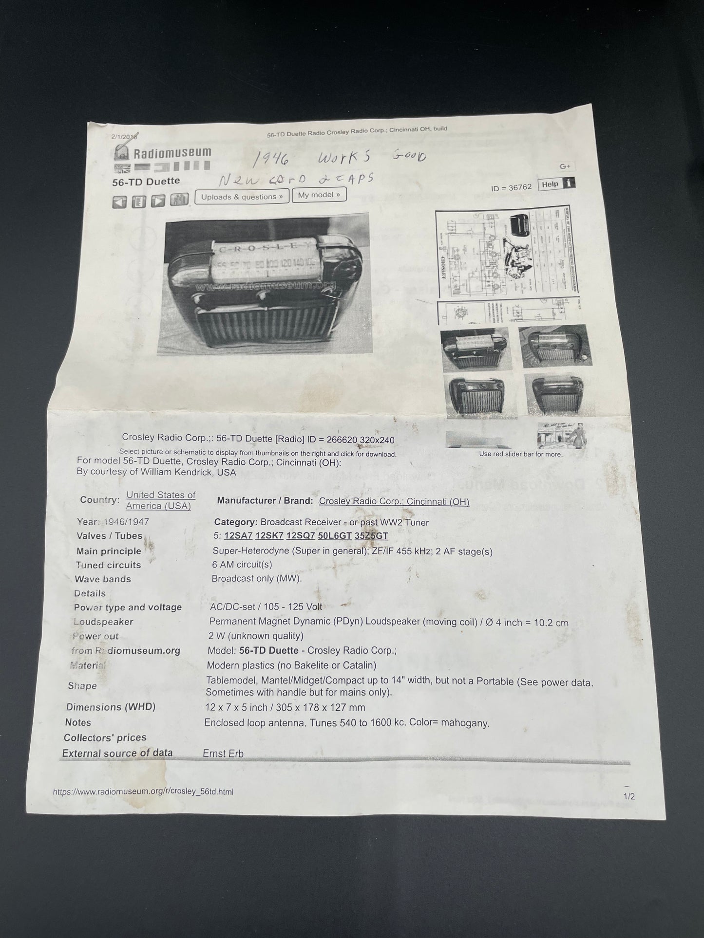 1946 Crosley 56TD Tube Ivory Bakelite Radio "Duette" Table Top Model - Works!