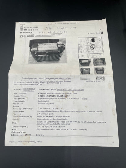 1946 Crosley 56TD Tube Ivory Bakelite Radio "Duette" Table Top Model - Works!