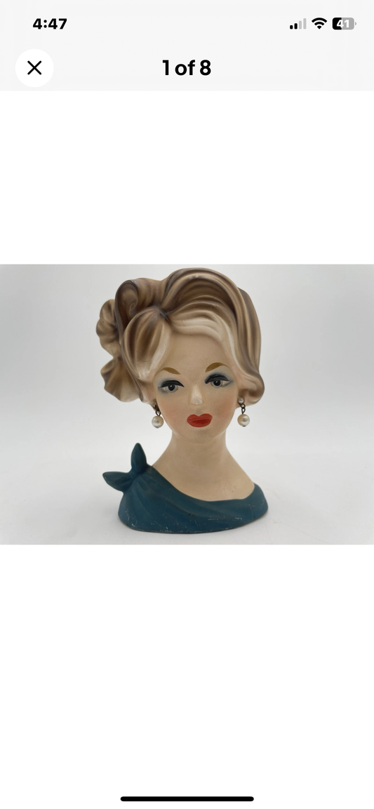 1950s Napcoware Head Vase C7313 Pearl Earrings Teal Blue Dress With Bow - Vintosh Vintage