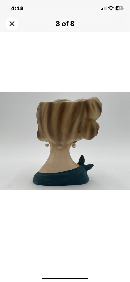 1950s Napcoware Head Vase C7313 Pearl Earrings Teal Blue Dress With Bow - Vintosh Vintage