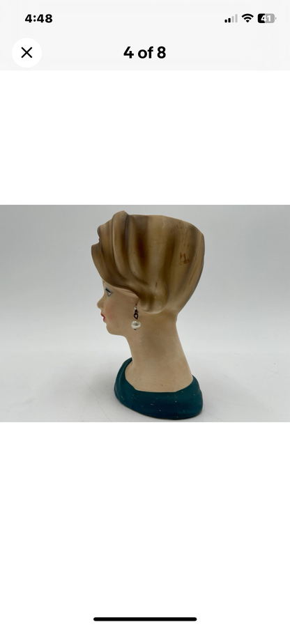 1950s Napcoware Head Vase C7313 Pearl Earrings Teal Blue Dress With Bow - Vintosh Vintage