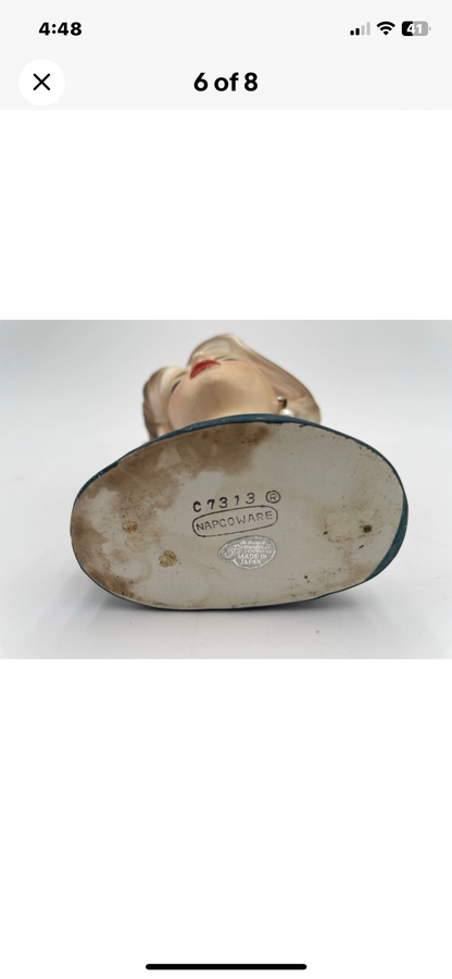 1950s Napcoware Head Vase C7313 Pearl Earrings Teal Blue Dress With Bow - Vintosh Vintage