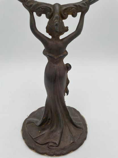 Antique Art Nouveau Woman Cast Metal Pedestal Vanity Mirror - Vintosh Vintage