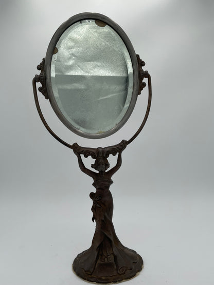 Antique Art Nouveau Woman Cast Metal Pedestal Vanity Mirror - Vintosh Vintage
