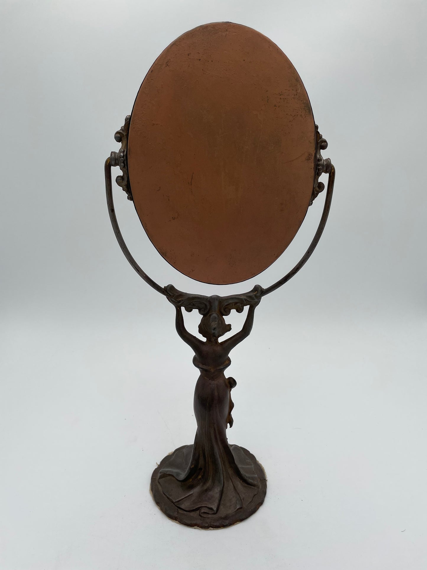 Antique Art Nouveau Woman Cast Metal Pedestal Vanity Mirror - Vintosh Vintage