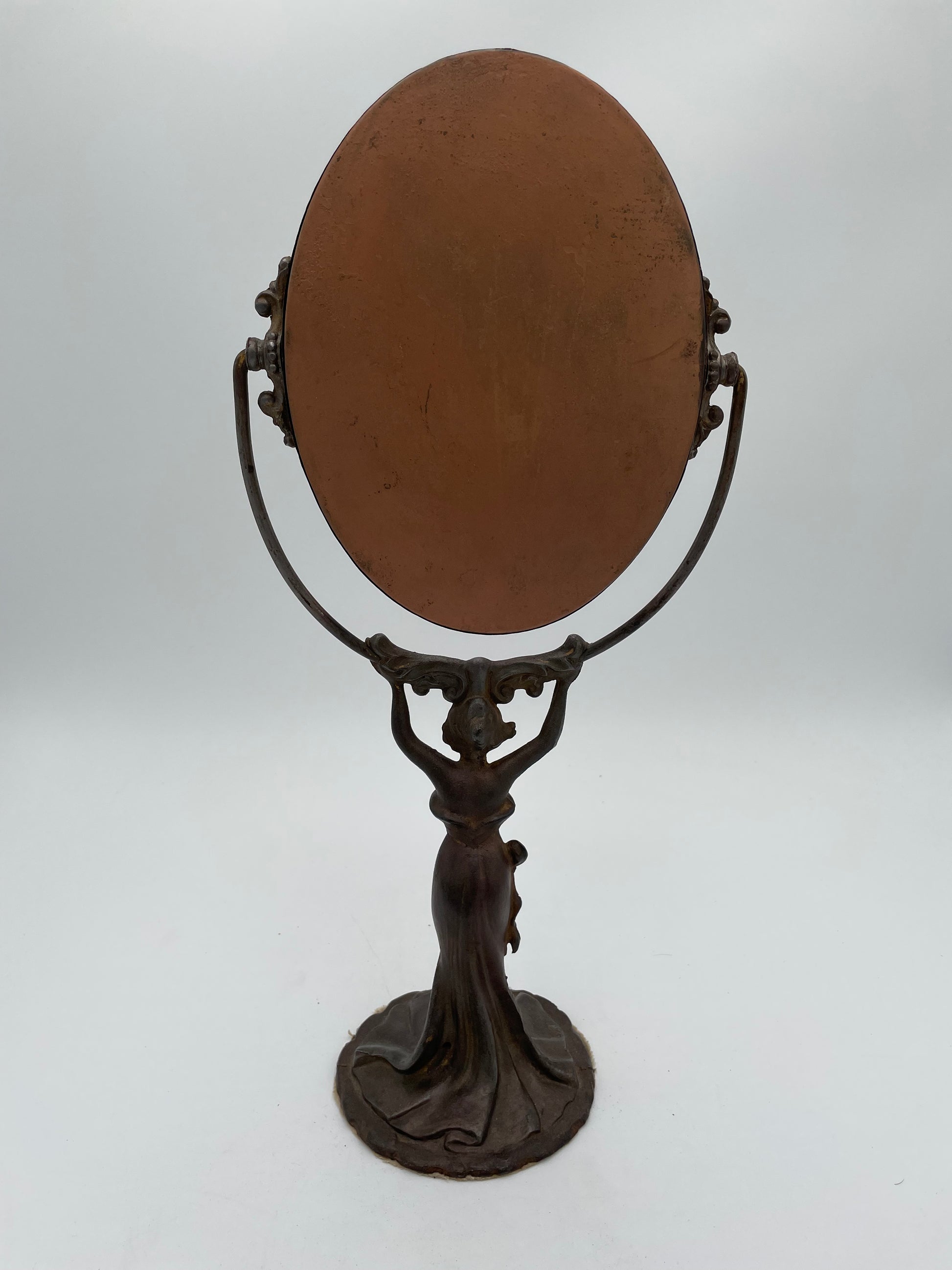 Antique Art Nouveau Woman Cast Metal Pedestal Vanity Mirror - Vintosh Vintage