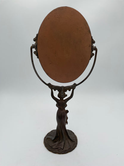 Antique Art Nouveau Woman Cast Metal Pedestal Vanity Mirror - Vintosh Vintage