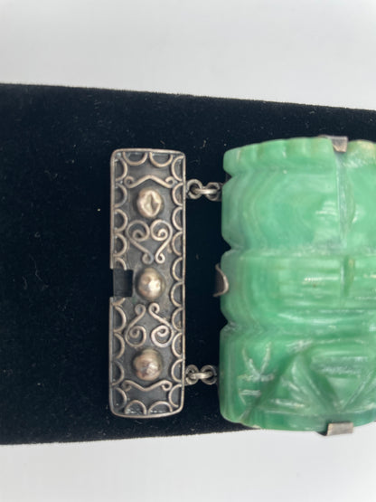 Vintage Mexico Aztec
Mayan Green Onyx Figural Statue Sterling Silver Chunky Panel
Bracelet - Vintosh Vintage