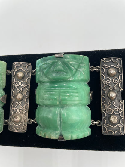 Vintage Mexico Aztec
Mayan Green Onyx Figural Statue Sterling Silver Chunky Panel
Bracelet - Vintosh Vintage