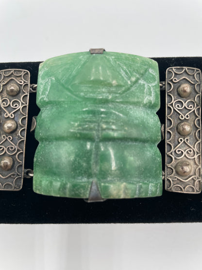Vintage Mexico Aztec
Mayan Green Onyx Figural Statue Sterling Silver Chunky Panel
Bracelet - Vintosh Vintage
