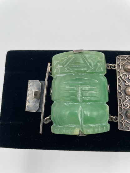 Vintage Mexico Aztec
Mayan Green Onyx Figural Statue Sterling Silver Chunky Panel
Bracelet - Vintosh Vintage