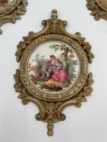 Three Antique Porcelain
Victorian Scenes w/ Ornate Metal Wall Frame by SD Baker-Samson China - Vintosh Vintage