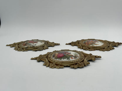 Three Antique Porcelain
Victorian Scenes w/ Ornate Metal Wall Frame by SD Baker-Samson China - Vintosh Vintage