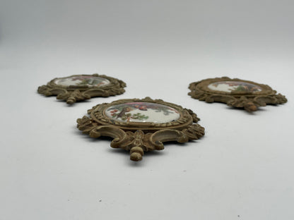 Three Antique Porcelain
Victorian Scenes w/ Ornate Metal Wall Frame by SD Baker-Samson China - Vintosh Vintage