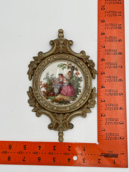 Three Antique Porcelain
Victorian Scenes w/ Ornate Metal Wall Frame by SD Baker-Samson China - Vintosh Vintage