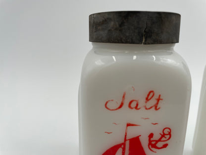 1930s McKee Milk Glass Red Sailboat Roman Arch Salt & Pepper Shaker Set - Vintosh Vintage