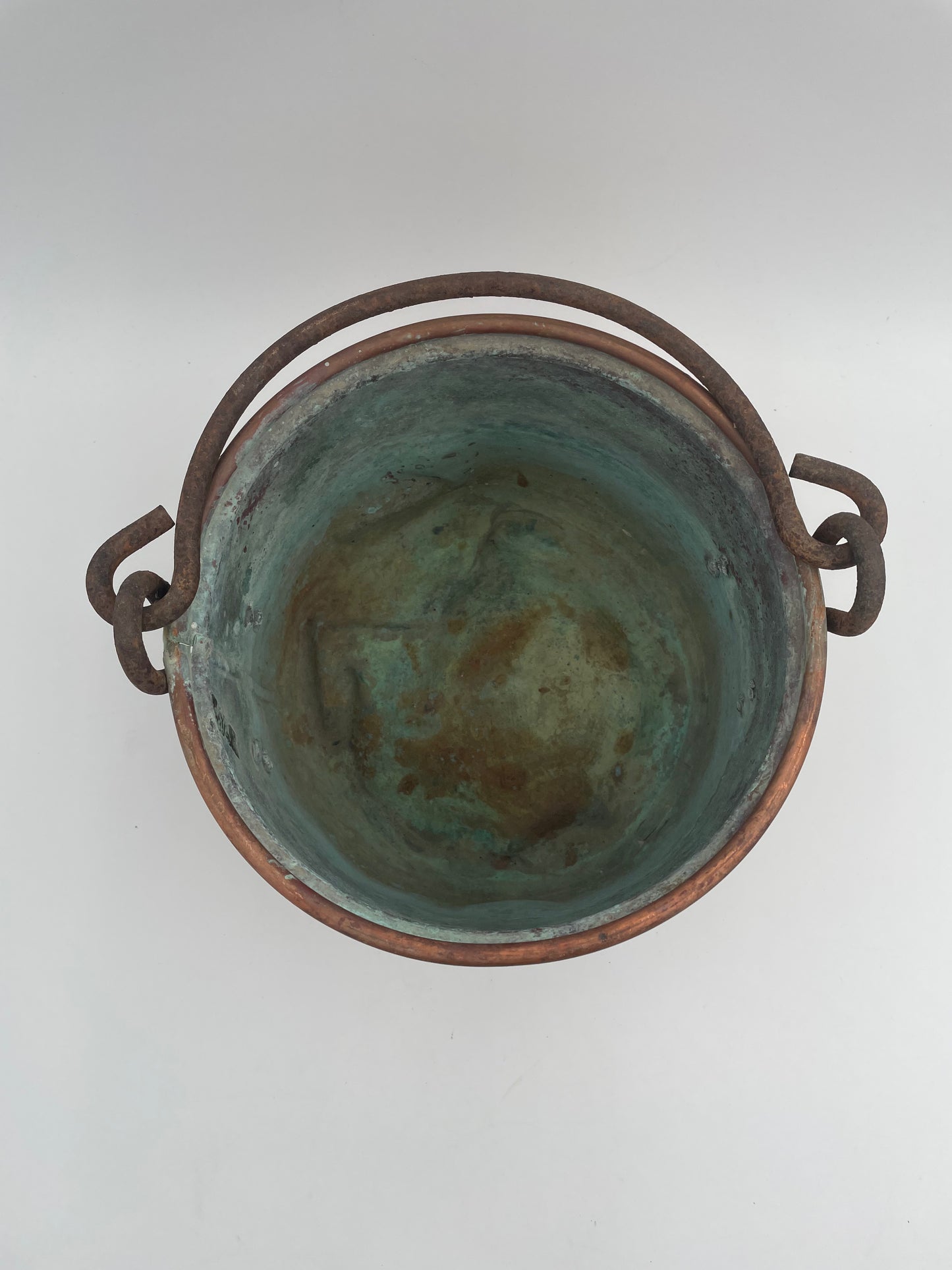 Antique Primitive Hand Crafted Hammered Copper Cauldron Kettle w/ Forged Iron Handle 6.5" - Vintosh Vintage
