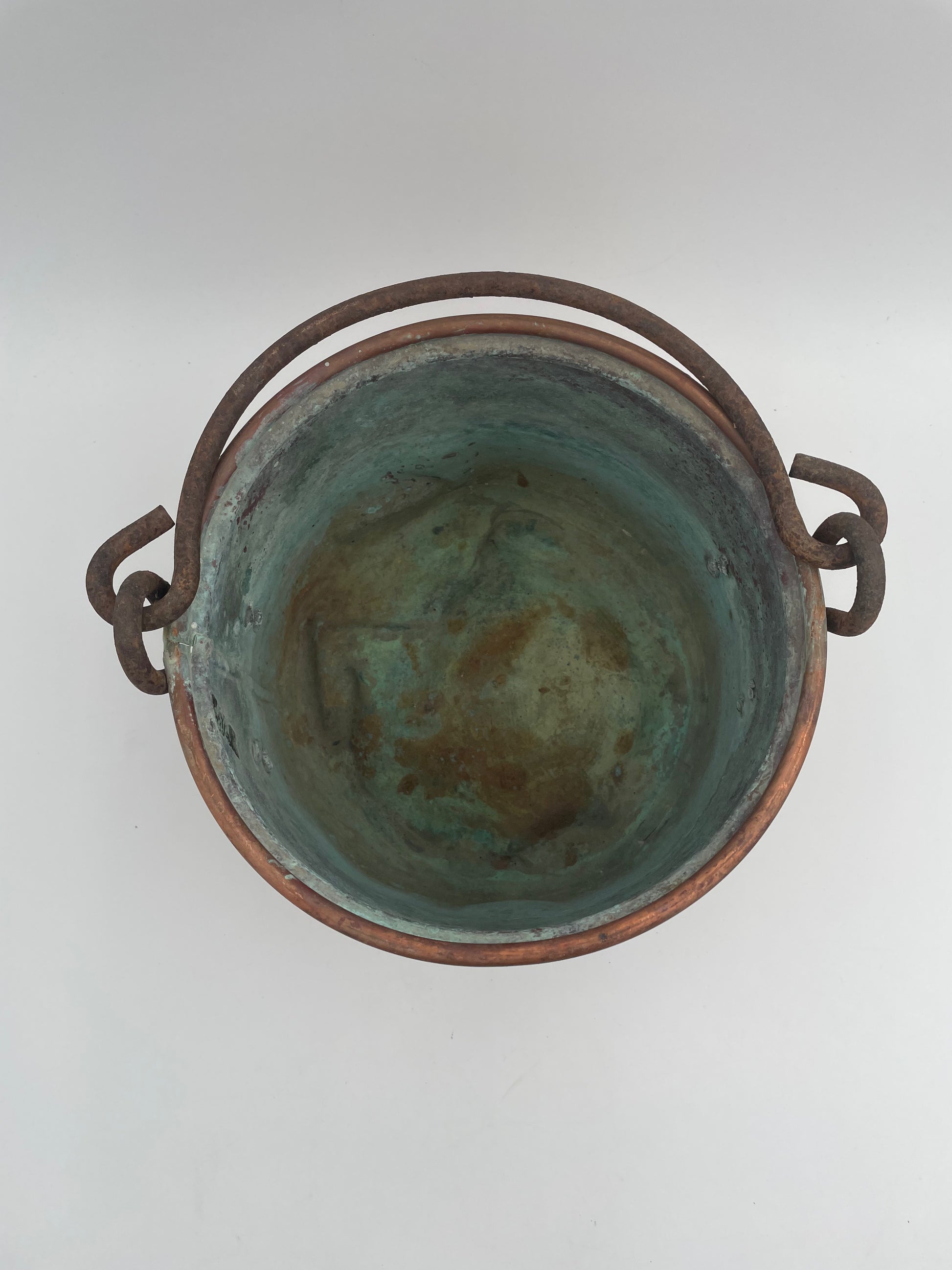 Antique Primitive Hand Crafted Hammered Copper Cauldron Kettle w/ Forged Iron Handle 6.5" - Vintosh Vintage
