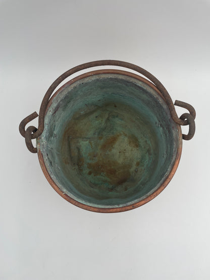 Antique Primitive Hand Crafted Hammered Copper Cauldron Kettle w/ Forged Iron Handle 6.5" - Vintosh Vintage