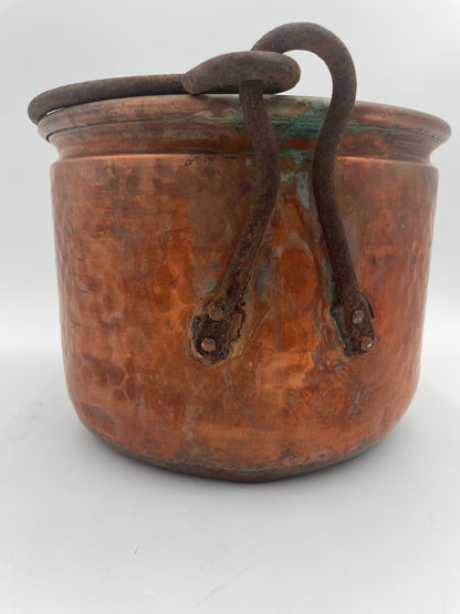 Antique Primitive Hand Crafted Hammered Copper Cauldron Kettle w/ Forged Iron Handle 6.5" - Vintosh Vintage