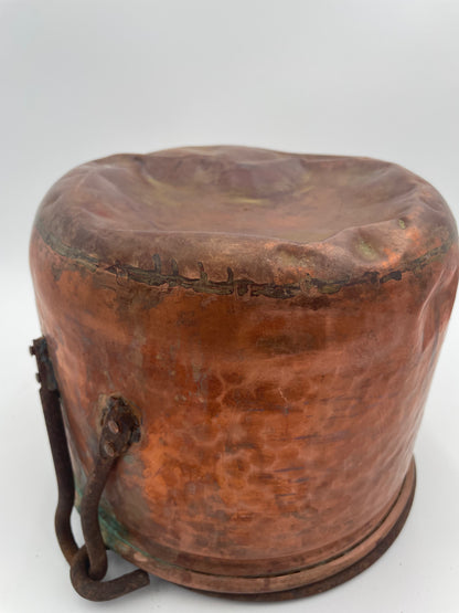 Antique Primitive Hand Crafted Hammered Copper Cauldron Kettle w/ Forged Iron Handle 6.5" - Vintosh Vintage