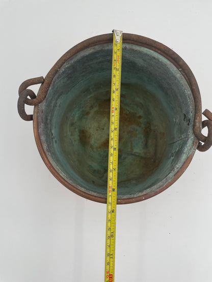Antique Primitive Hand Crafted Hammered Copper Cauldron Kettle w/ Forged Iron Handle 6.5" - Vintosh Vintage