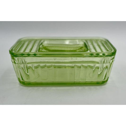 1930s Uranium Ribbed Glass Refrigerator Dish with Lid - Vintosh Vintage