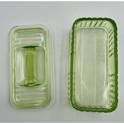 1930s Uranium Ribbed Glass Refrigerator Dish with Lid - Vintosh Vintage