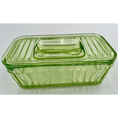 1930s Uranium Ribbed Glass Refrigerator Dish with Lid - Vintosh Vintage