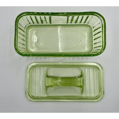 1930s Uranium Ribbed Glass Refrigerator Dish with Lid - Vintosh Vintage