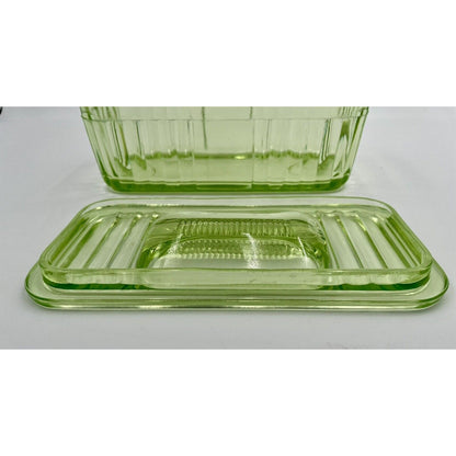 1930s Uranium Ribbed Glass Refrigerator Dish with Lid - Vintosh Vintage