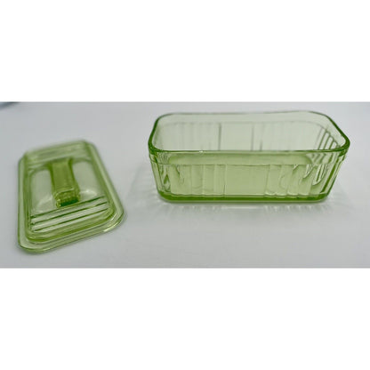 1930s Uranium Ribbed Glass Refrigerator Dish with Lid - Vintosh Vintage