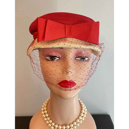 Vintage Hess Brothers Red & Creme Soft Straw Hat w/ Veil & Satin Bow