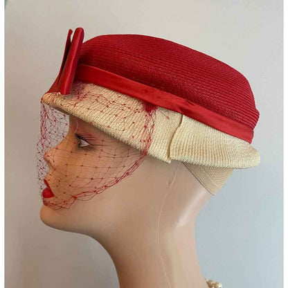 Vintage Hess Brothers Red & Creme Soft Straw Hat w/ Veil & Satin Bow