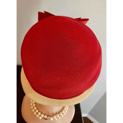 Vintage Hess Brothers Red & Creme Soft Straw Hat w/ Veil & Satin Bow