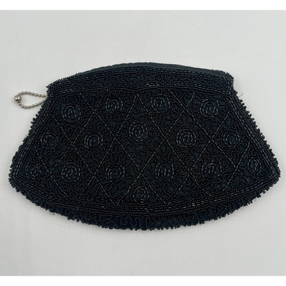 1940s Black Beaded Art Deco Clutch Handbag Slip Thru Strap - Handmade In Belgium - Vintosh Vintage
