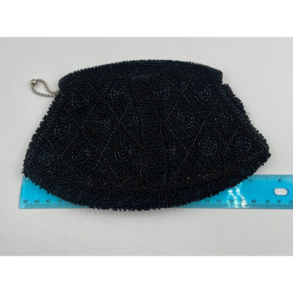 1940s Black Beaded Art Deco Clutch Handbag Slip Thru Strap - Handmade In Belgium - Vintosh Vintage