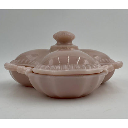 1930s Cambridge Tuscan Pink Milk Glass Divided Candy/Relish Lidded Dish (B6) - Vintosh Vintage