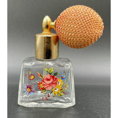 Vintage Glass Perfume Bottle With Atomizer Hand Painted Flowers Made in Italy C6 - Vintosh Vintage