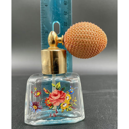 Vintage Glass Perfume Bottle With Atomizer Hand Painted Flowers Made in Italy C6 - Vintosh Vintage