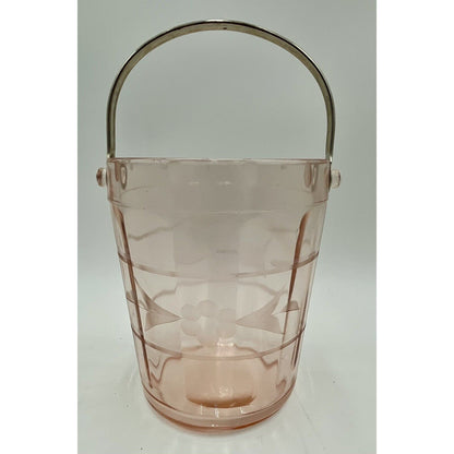 VTG Pink Depression Glass Ice Bucket w/Etched Floral Design & Silver Handle (C7) - Vintosh Vintage