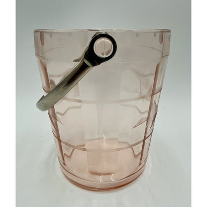 VTG Pink Depression Glass Ice Bucket w/Etched Floral Design & Silver Handle (C7) - Vintosh Vintage